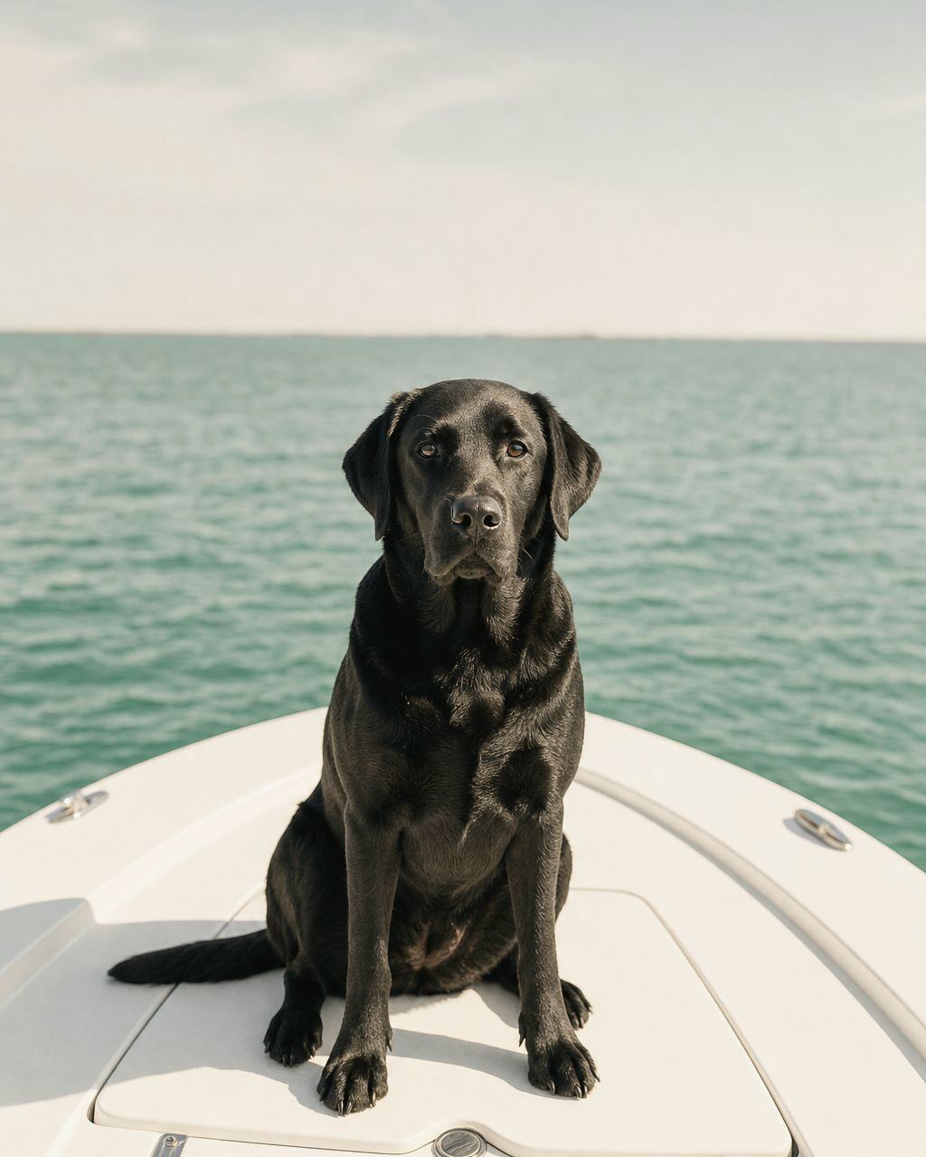 A black Labrador holding a calm sit on the bow of a boat on flat green water.