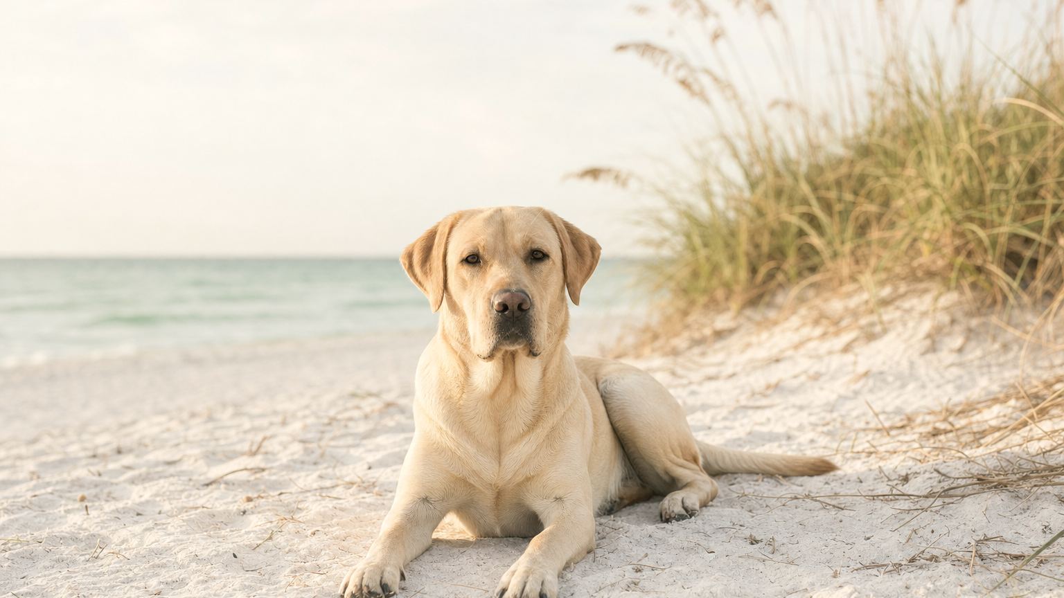 A Labrador holding a steady down-stay on white sand with green Gulf water behind.