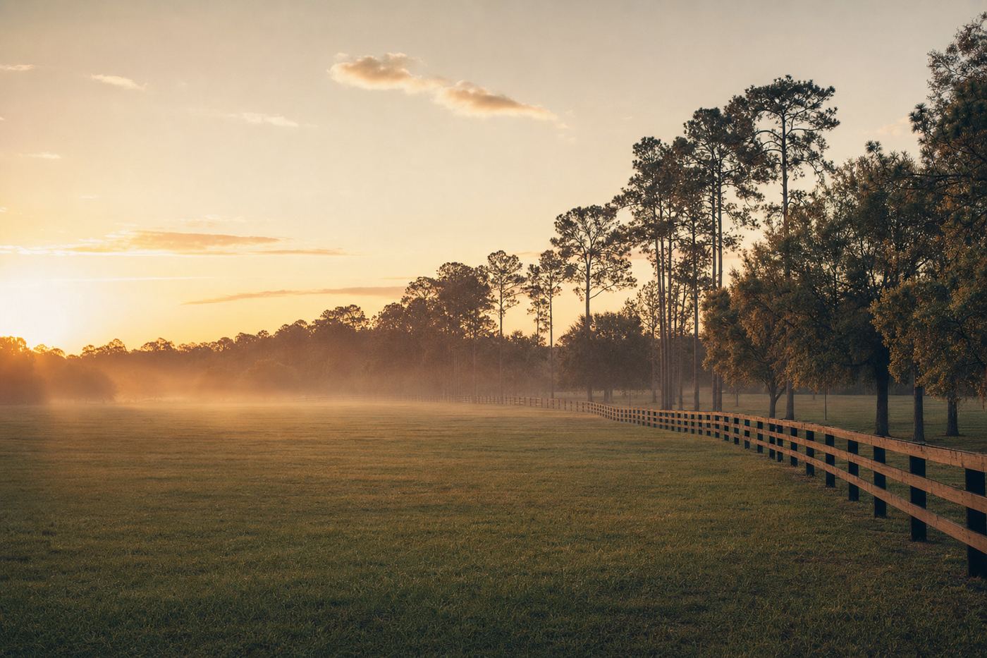 Open, mown, four-board fenced training field with a pine treeline behind it.